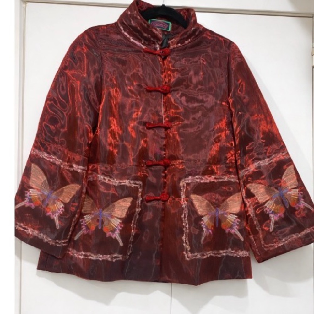 Vintage Kenki Jacket Asian Inspired Large Butterfly Burgundy Red Brocade Sheen
